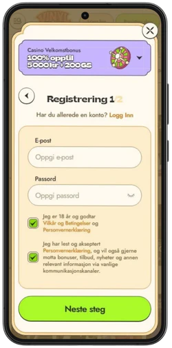 Vinyl Casino registreringsskjema på mobil