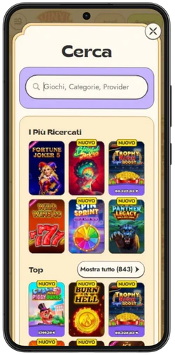 Ricerca dei giochi su Vinyl Casino sul telefono