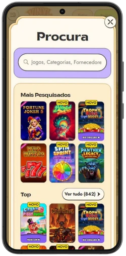 Pesquisa de jogos no Vinyl Casino no telemóvel