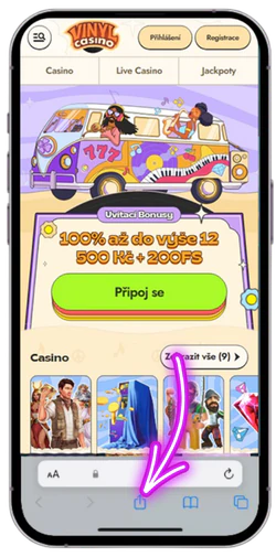 Klepnutí na ikonu Sdílet u Vinyl Casino v Safari