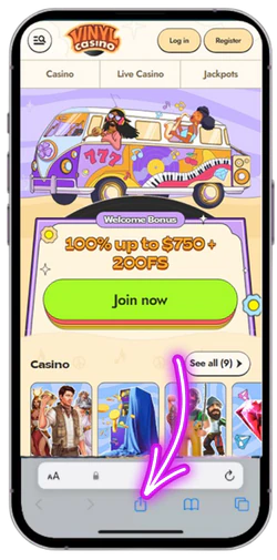 Tapping the Share icon for Vinyl Casino in Safari