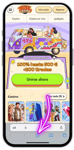 Tocar el icono Compartir de Vinyl Casino en Safari