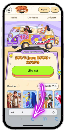 Jaa-kuvakkeen napauttaminen Vinyl Casinossa Safarissa