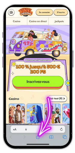 Appuyer sur l'icône Partager pour Vinyl Casino dans Safari