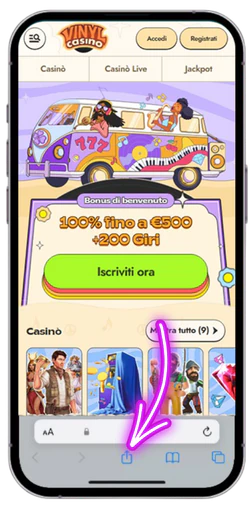 Toccare l'icona Condividi di Vinyl Casino in Safari