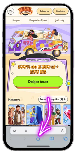 Dotykanie ikony Udostępnij dla Vinyl Casino w Safari